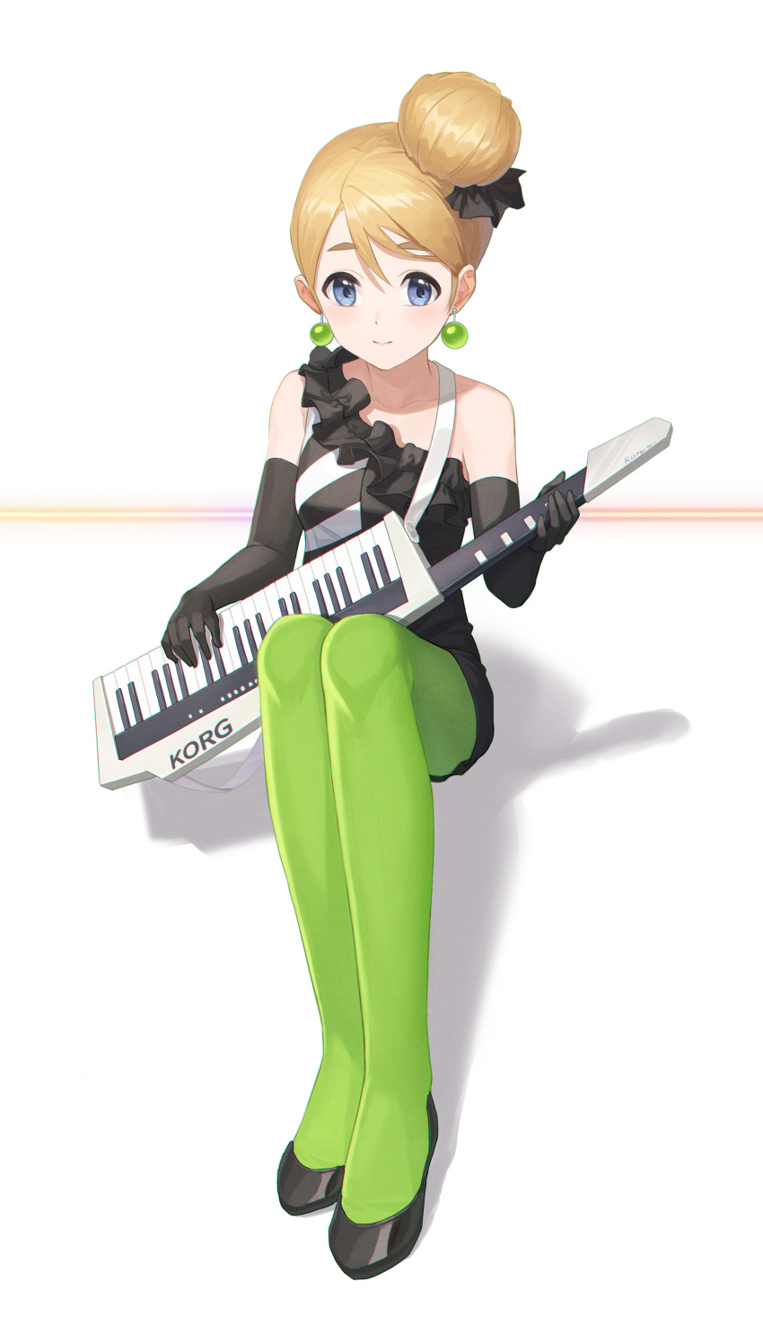 1girl, absurdres, bangs, black_dress, black_footwear, blonde_hair, blue_eyes, commentary