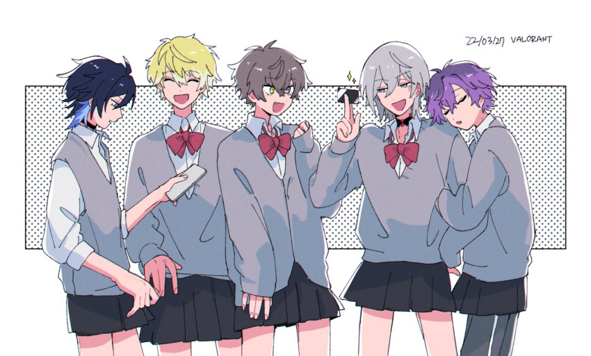 5boys, alban_knox, black_hair, blonde_hair, blue_eyes, blue_hair, cardigan, closed_eyes