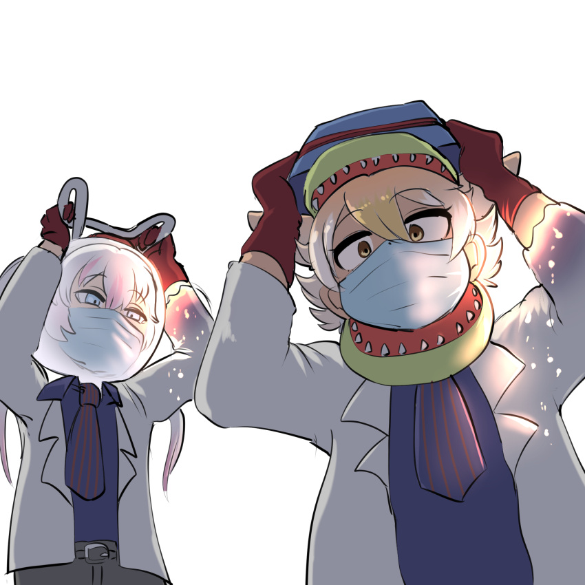 2girls, blonde_hair, coat, coyote_(kemono_friends), coyote_ears, coyote_girl, coyote_tail, gloves, highres, kemono_friends, kemono_friends_v_project, long_hair, looking_at_viewer, mask, mcgunngu, microphone, multicolored_hair, multiple_girls, necktie, pink_hair, shirt, short_hair, surgeon_simulator_2, ushio_ebi, virtual_youtuber, white_coat, yellow_eyes
