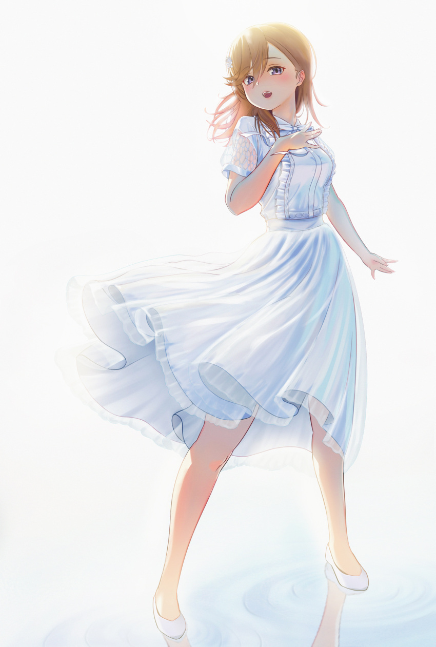 1girl, backlighting, bangs, blush, brown_hair, dress, floating_hair, full_body