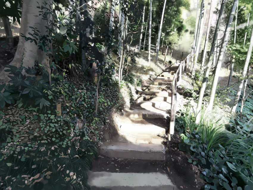 bamboo, bamboo_forest, forest, highres, iwamoto_maguro, nature, no_humans, plant, realistic, scenery, stairs, tree
