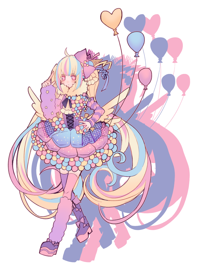 1bitheart, 1girl, ahoge, asymmetrical_legwear, asymmetrical_sleeves, balloon, blonde_hair, blue_dress