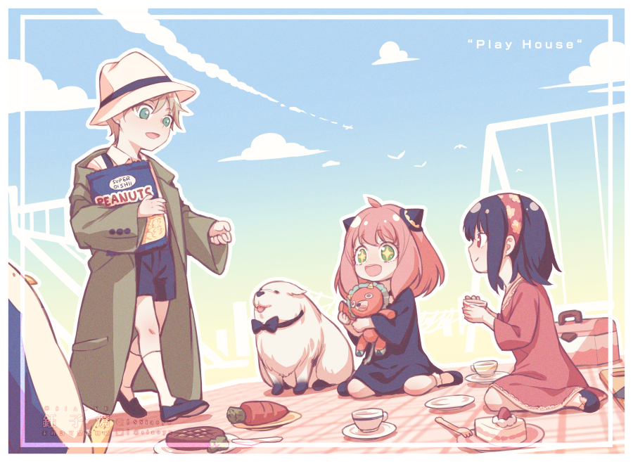 1boy, 2girls, :d, animal, anya_(spy_x_family), aqua_hair, bag, bangs