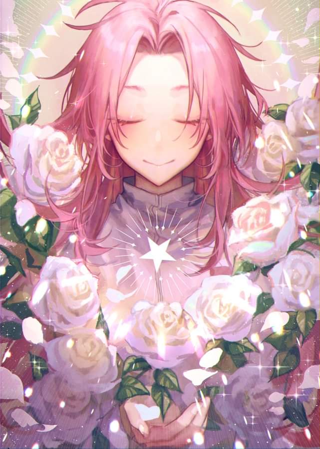 1boy, chinese_commentary, closed_eyes, colored_eyelashes, flower, hair_intakes, hatsutori_hajime, light_particles, long_hair, male_focus, petals, pink_hair, rainbow, roku_(black1042393), rose, saibou_shinkyoku, shirt, smile, solo, sparkle, star_(symbol), white_flower, white_rose, white_shirt