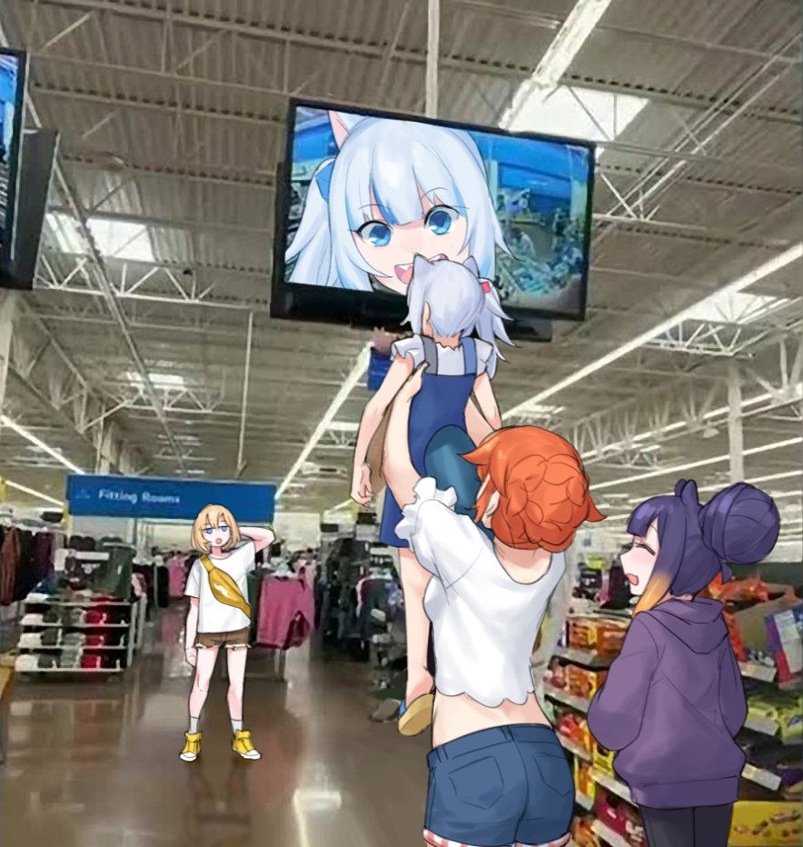 4girls, absolutely_losing_it_over_this_picture_of_my_brother_with_his_baby_(meme), animal_ears, back, blonde_hair, blue_eyes, blue_hair, blush, braid, cat_ears, closed_eyes, dasdokter, fish_tail, french_braid, full_body, gawr_gura, holding_up, hololive, hololive_english, hood, hoodie, indoors, meme, multicolored_hair, multiple_girls, ninomae_ina'nis, open_mouth, orange_hair, purple_hair, shark_tail, shirt, shoes, short_hair, shorts, side_ponytail, smile, sneakers, standing, streaked_hair, tail, takanashi_kiara, walmart, watson_amelia, white_hair
