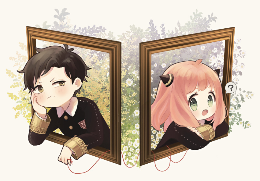 1boy, 1girl, ?, anya_(spy_x_family), bangs, black_dress, black_hair, black_jacket