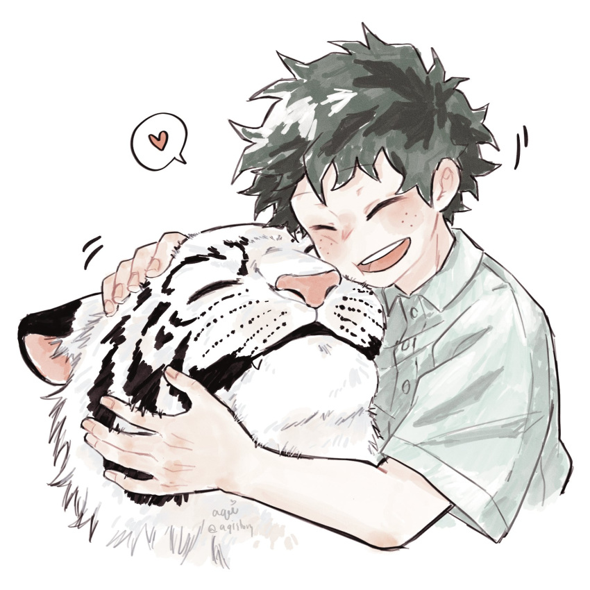 1boy, animal, aqistory, boku_no_hero_academia, closed_eyes, collared_shirt, commentary_request, freckles