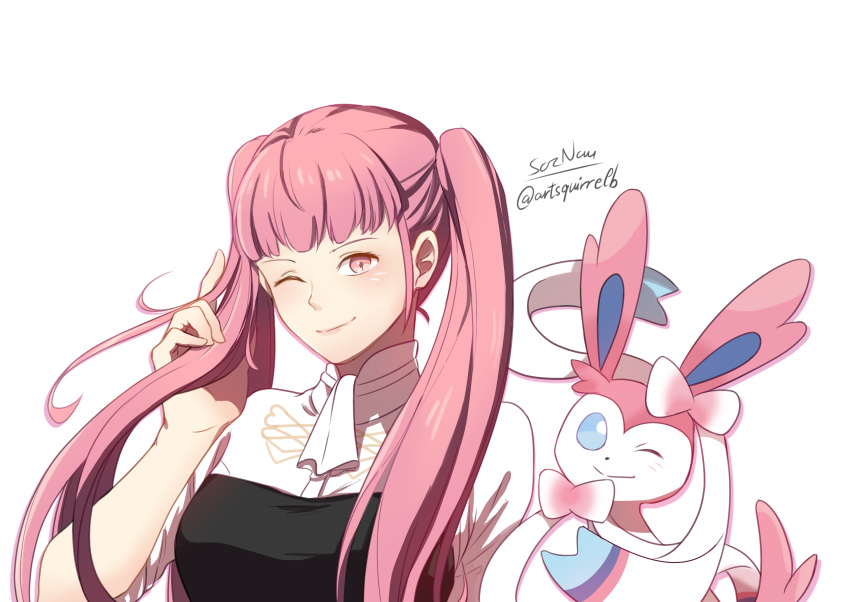 1girl, ;), ascot, bangs, blue_eyes, blunt_bangs, closed_mouth, crossover