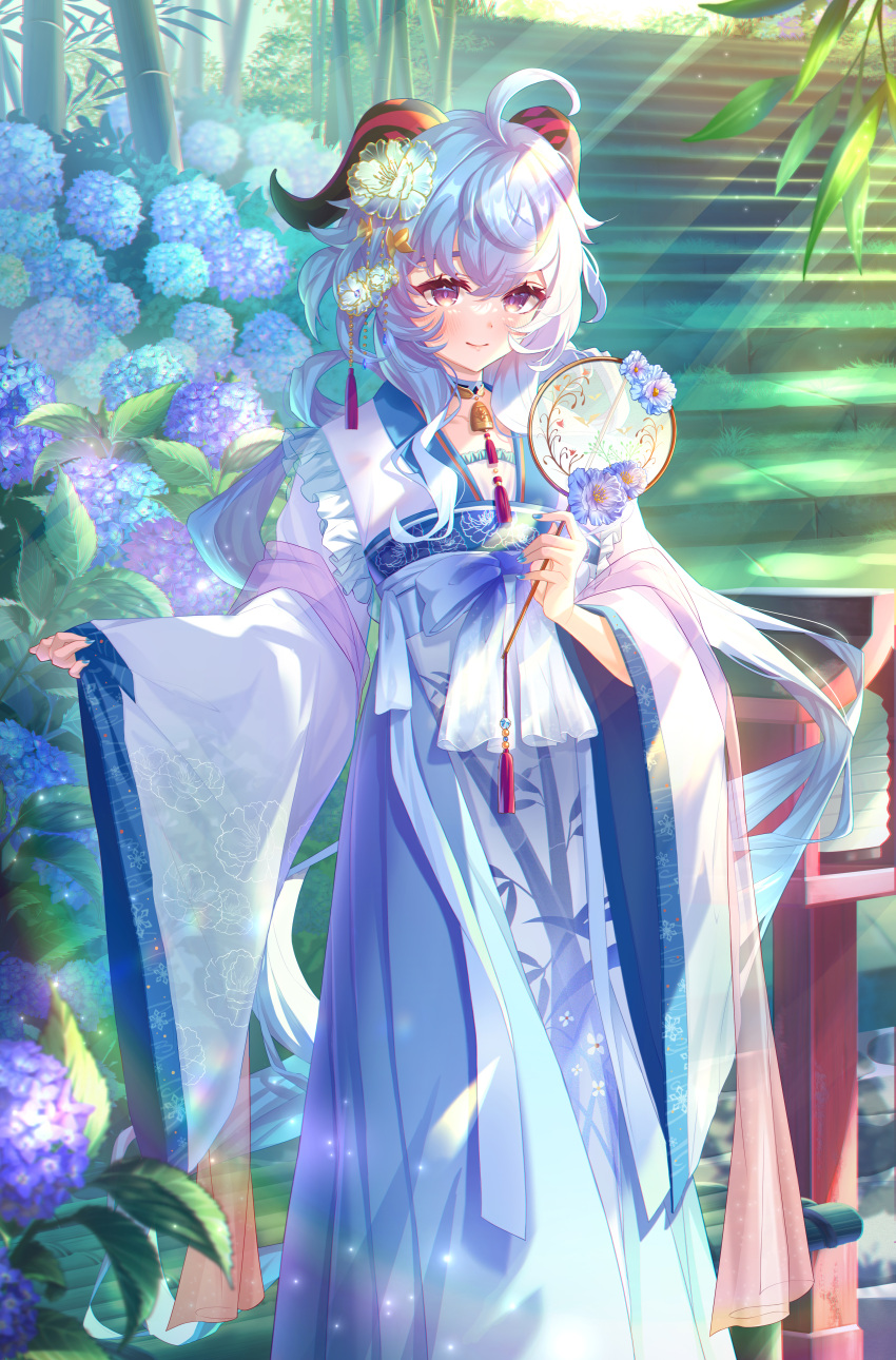 1girl, absurdres, ahoge, alternate_costume, bangs, bell, blue_hair, blush