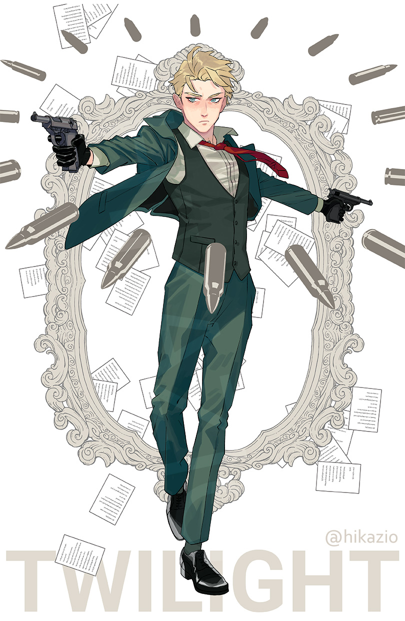 1boy, bangs, belt, belt_buckle, black_belt, black_gloves, blazer, blonde_hair