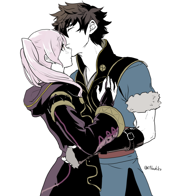 1boy, 1girl, black_hair, bridal_gauntlets, closed_eyes, couple, fire_emblem, fire_emblem_awakening