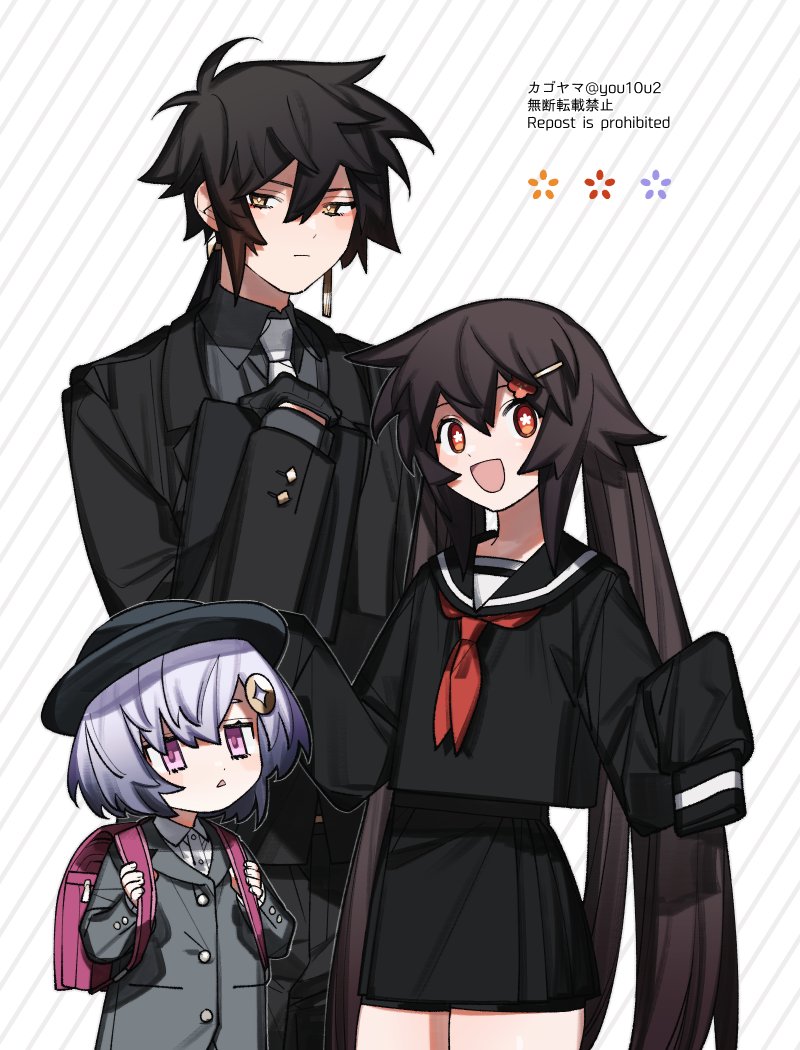 1girl, 2girls, :<, :d, blue_hair, blush, brown_hair, gagyogava