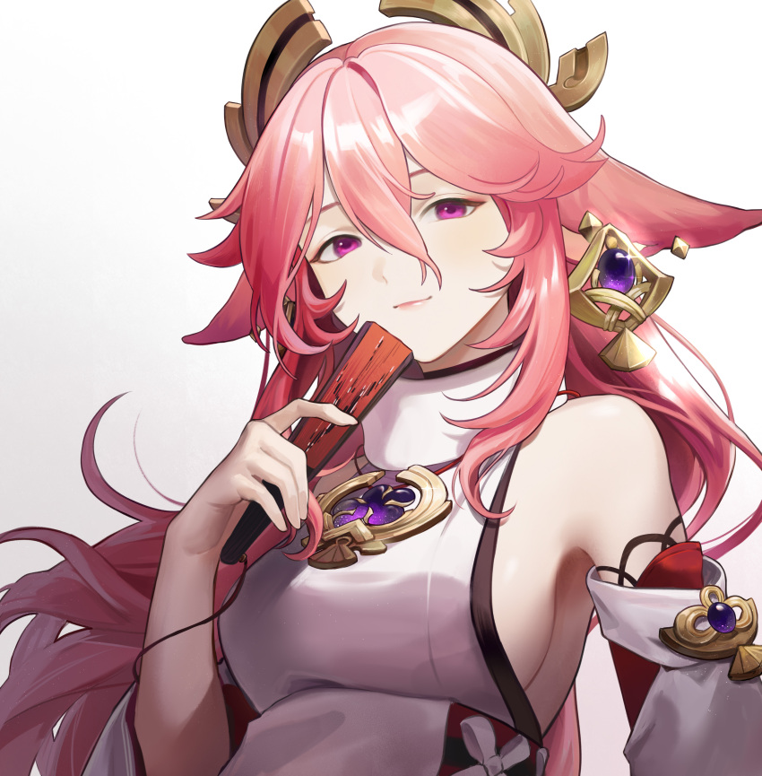 1girl, absurdres, bangs, bare_shoulders, chi_trinh, closed_mouth, genshin_impact, hair_ornament, hand_fan, highres, holding, holding_fan, jewelry, long_hair, looking_at_viewer, pink_hair, smile, upper_body, violet_eyes, yae_miko