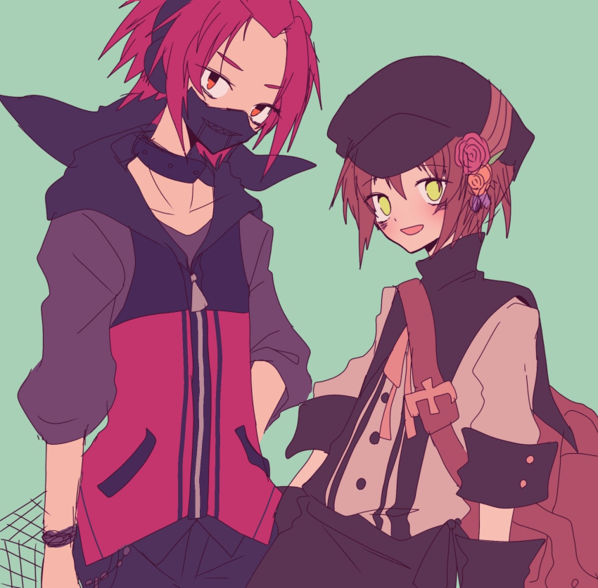 1bitheart, 2boys, brown_hair, gloves, green_background, green_eyes, hat, headphones