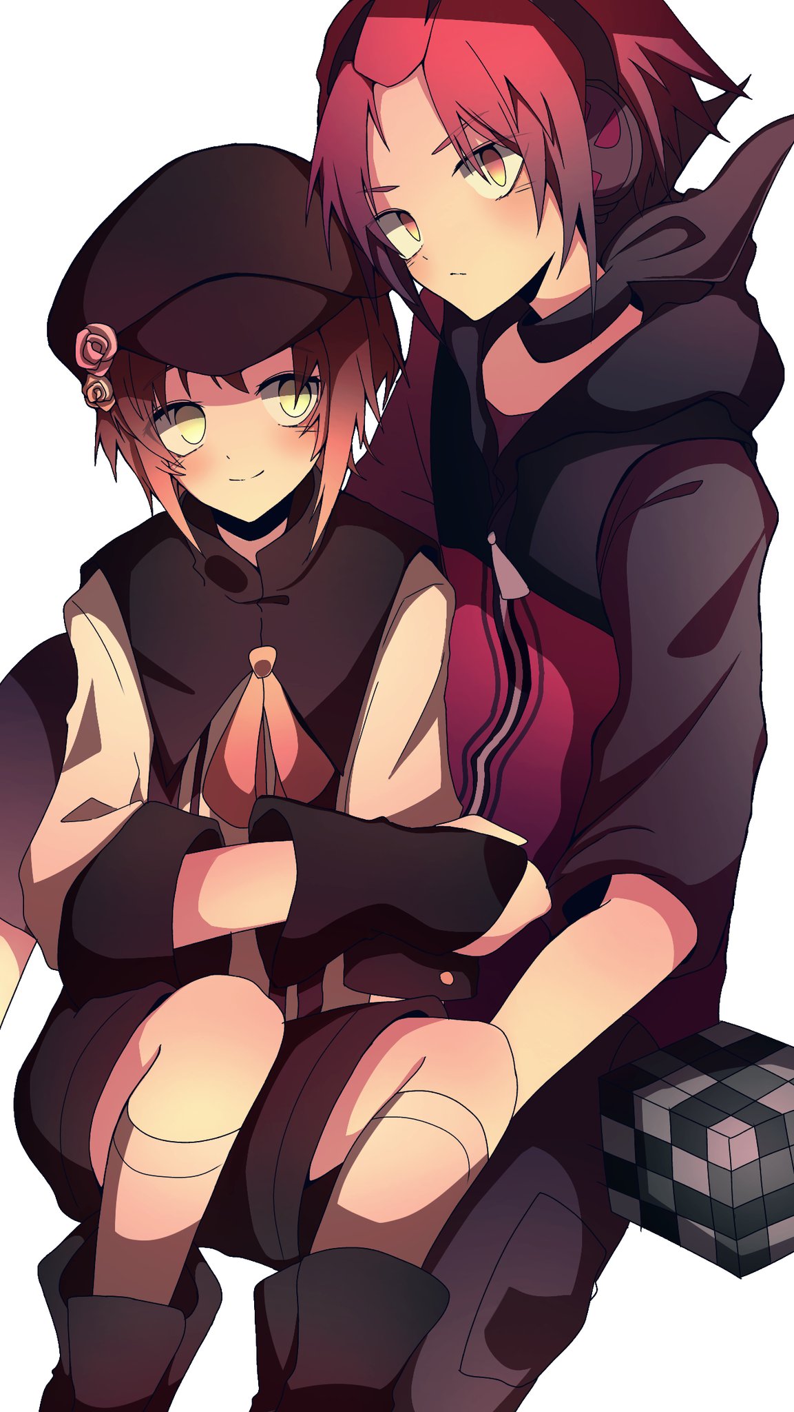 1bitheart, 2boys, blush, boots, brown_hair, facing_viewer, gloves, green_eyes