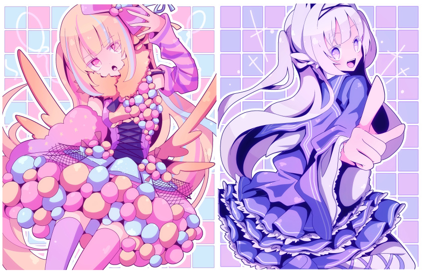1bitheart, 2girls, absurdres, blue_hair, blush, dress, highres, lolita_fashion