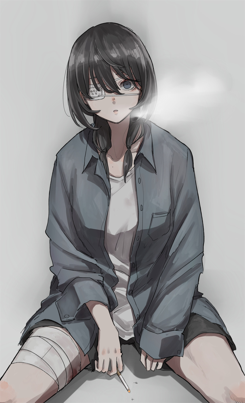 1girl, bandage_on_thigh, bandages, black_hair, black_shorts, blood, blood_on_bandages, cigarette, eyepatch, highres, injury, looking_at_viewer, open_mouth, original, shirt, shorts, smoke, smoking, tabao, white_shirt