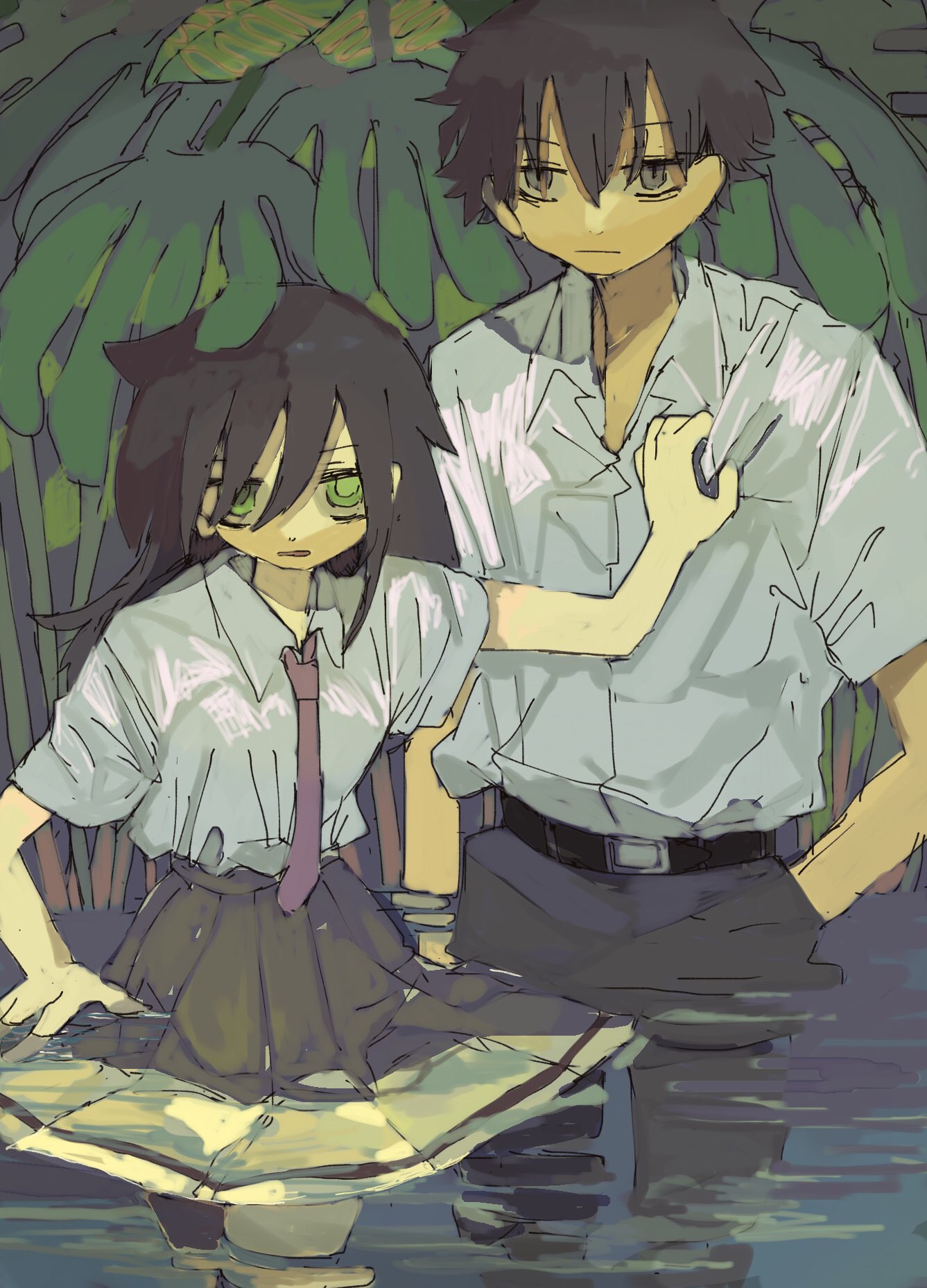 1boy, 1girl, bangs, belt, black_hair, green_eyes, hair_between_eyes, hand_in_pocket
