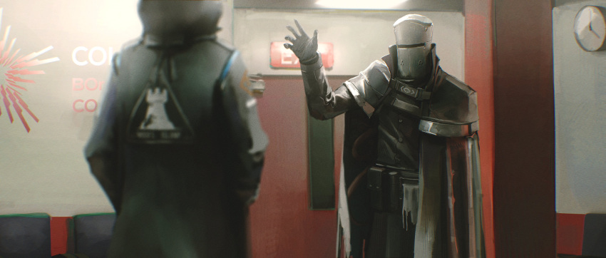 1boy, 1other, absurdres, arknights, belt, belt_pouch, black_cloak, black_coat, black_gloves, black_pants, black_shirt, buttons, cannot_goodenough, chair, cloak, clock, coat, columbia_logo_(arknights), doctor_(arknights), door, exit_sign, gloves, hands_in_pockets, helmet, highres, hooded_coat, indoors, kusami_toka_naku_au, long_sleeves, looking_at_another, pants, pillar, pouch, rhodes_island_logo, shirt, waving