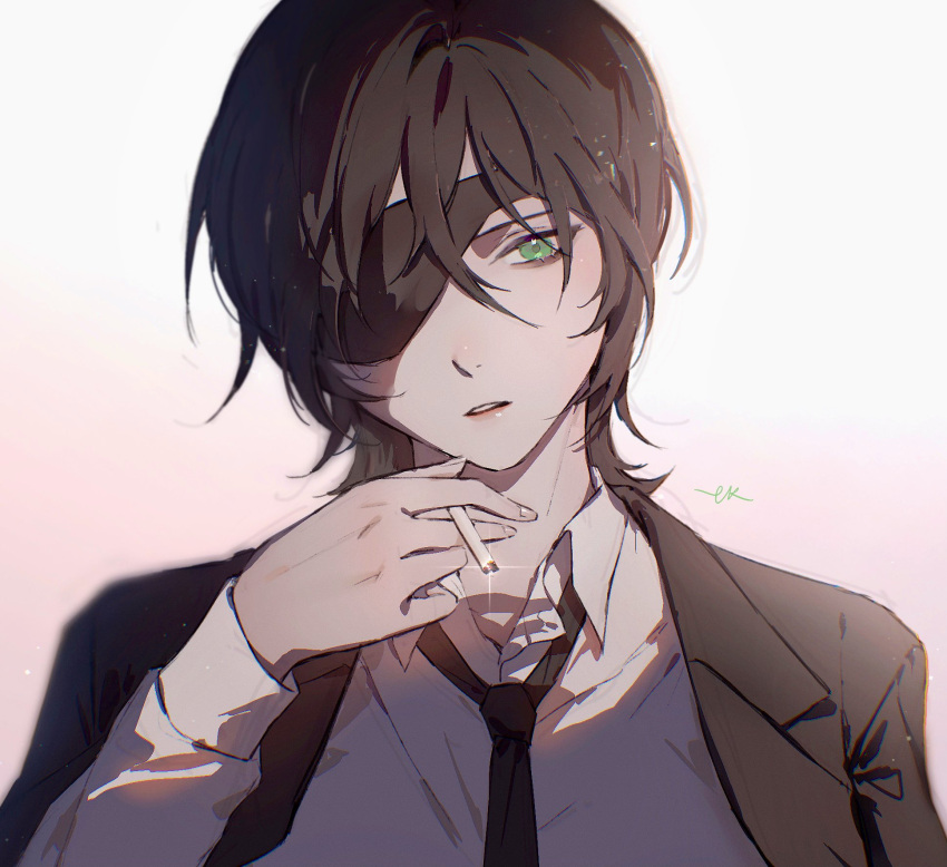 1girl, between_fingers, black_hair, black_jacket, black_necktie, black_suit, chainsaw_man, cigarette
