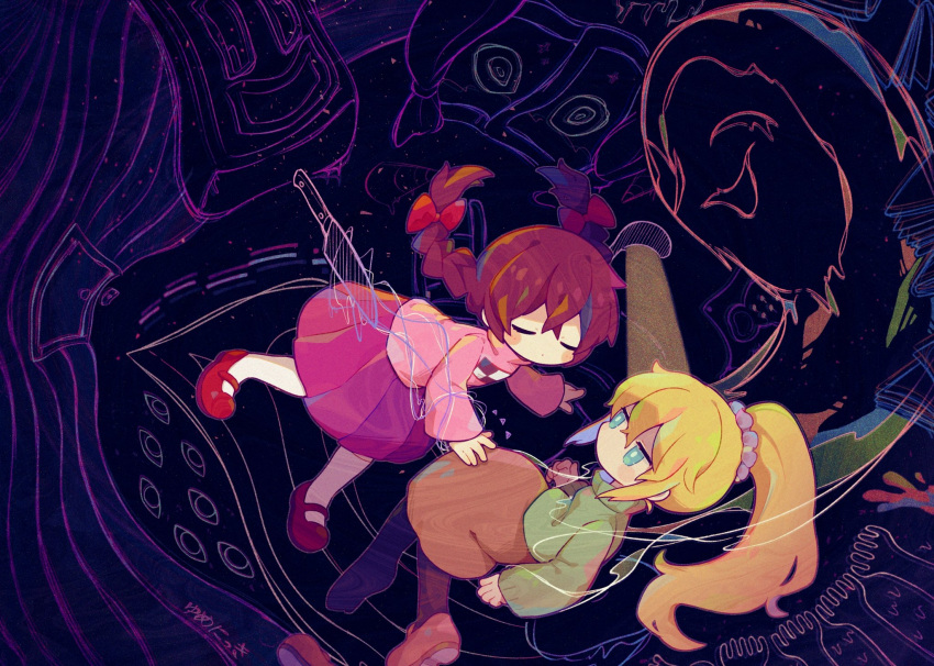 2girls, anniversary, bangs, black_legwear, blonde_hair, blue_eyes, blush_stickers, bow