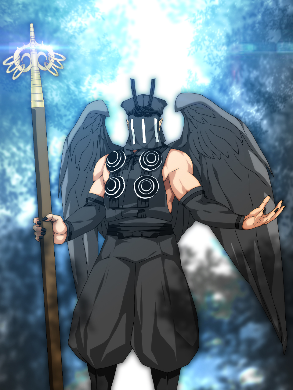 bird_wings, black_nails, black_wings, covered_face, detached_sleeves, forest, hakama, highres