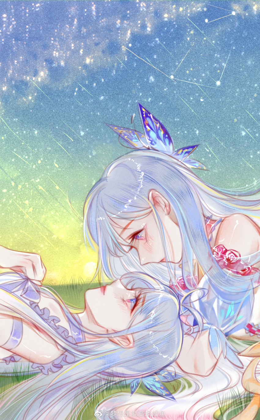 2girls, a_jiu_jintian_zao_shuile_ma, absurdres, blue_hair, blush, butterfly_hair_ornament, closed_mouth, douluo_dalu