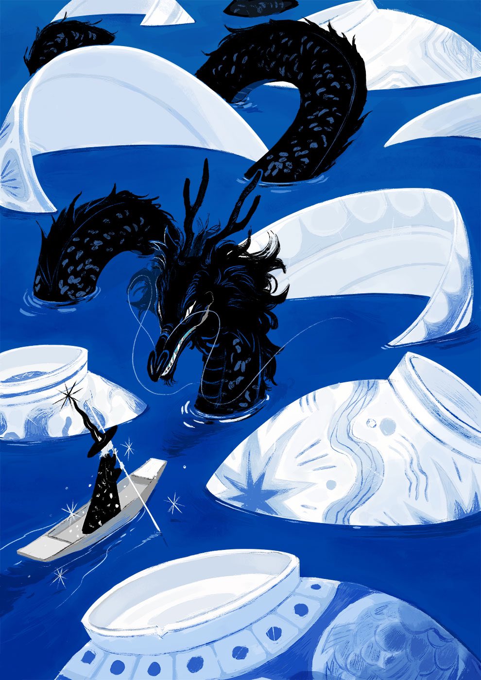 1girl, black_headwear, bowl, canoe, colored_skin, dragon, eastern_dragon, hat