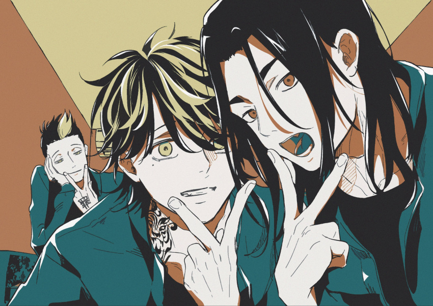3boys, baji_keisuke, black_hair, hanemiya_kazutora, hanma_shuuji, highres, jacket, kawaiipomechan2, long_hair, long_sleeves, looking_at_viewer, male_focus, mole, mole_under_eye, multicolored_hair, multiple_boys, open_mouth, short_hair, tattoo, tokyo_revengers, two-tone_hair, yellow_eyes