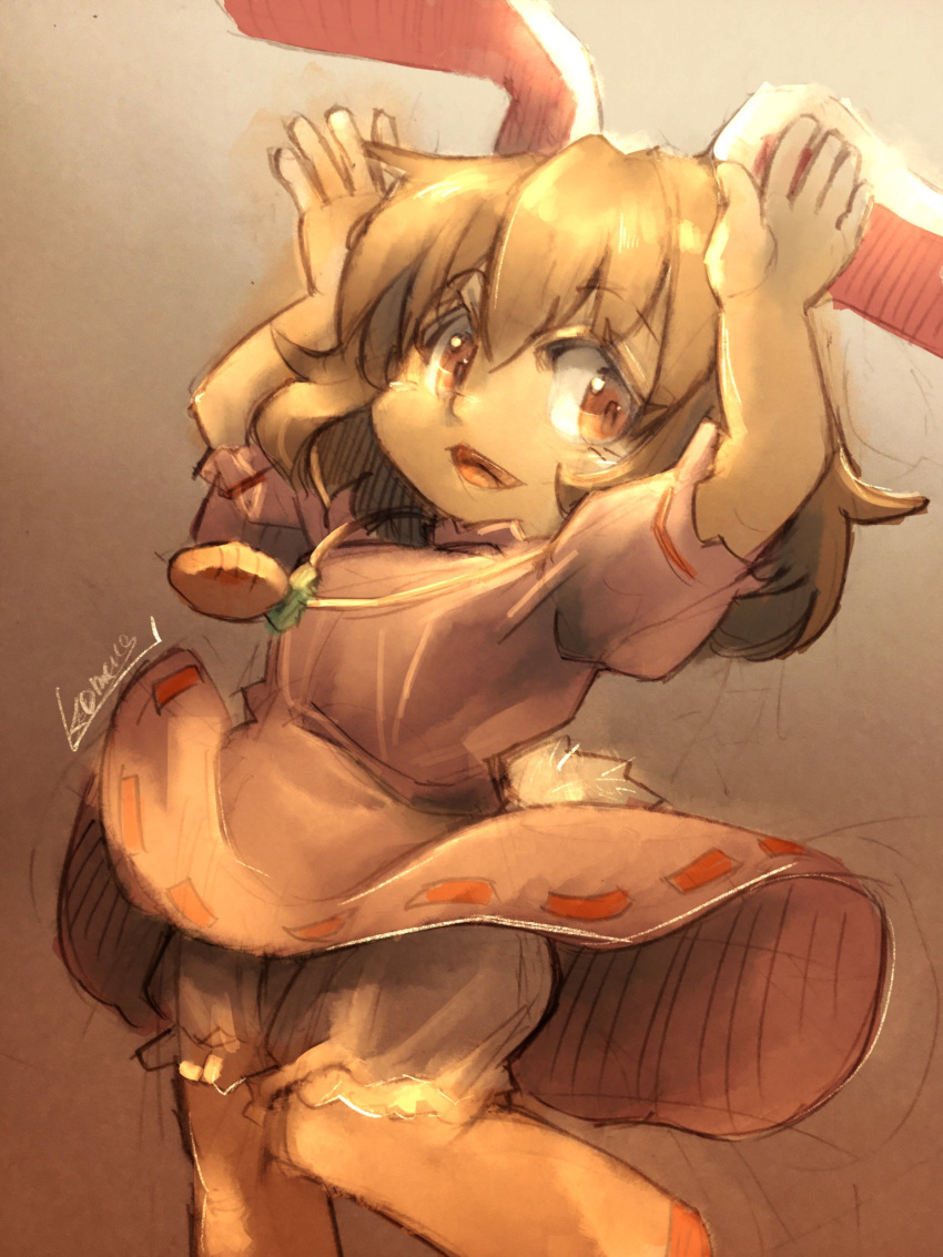 1girl, animal_ears, bangs, bloomers, brown_eyes, brown_hair, carrot_necklace, commentary_request