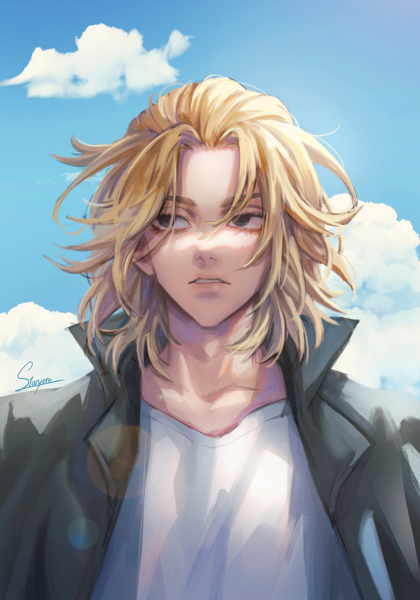 1boy, absurdres, black_eyes, black_jacket, blonde_hair, clouds, day, empty_eyes