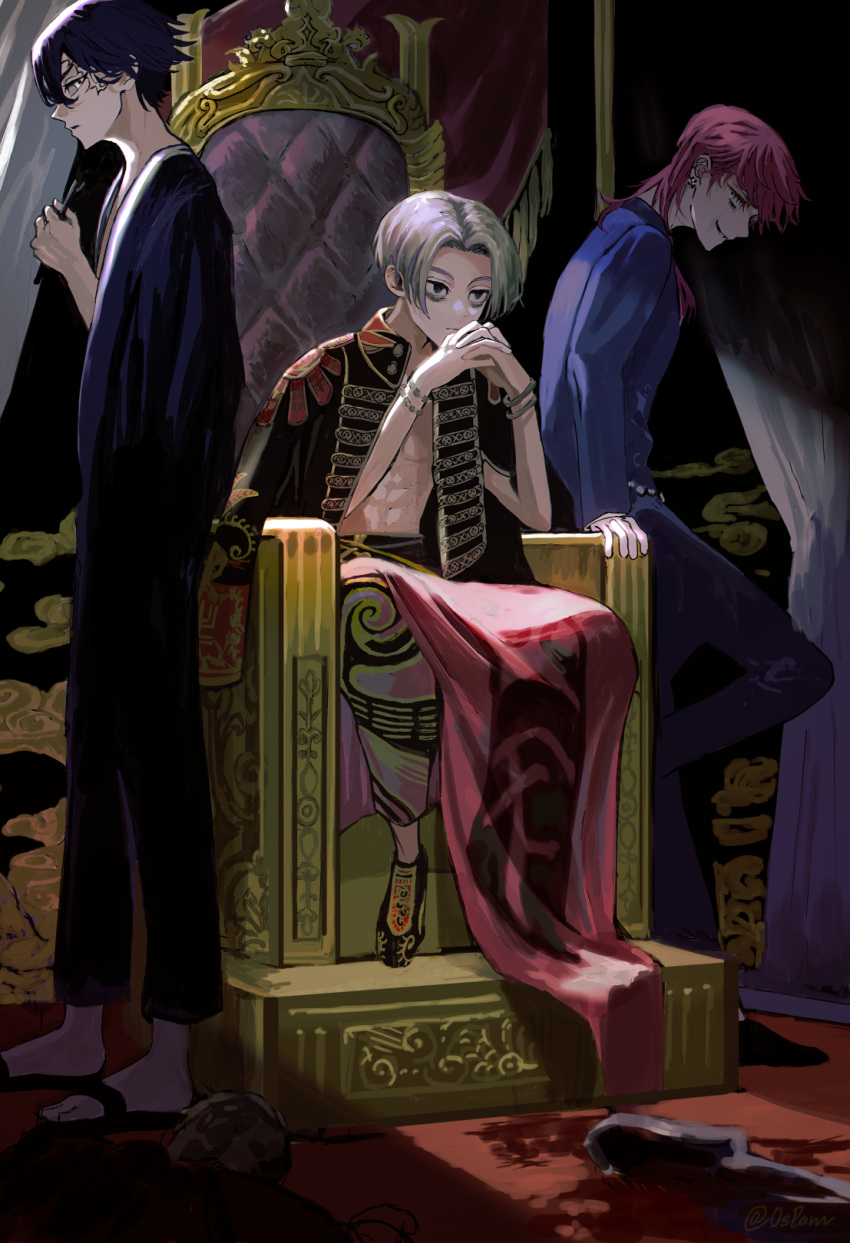 3boys, bangs, black_eyes, black_footwear, black_hair, black_jacket, black_pants, closed_mouth, corpse, earrings, hands_up, highres, jacket, jacket_on_shoulders, jewelry, kakuchou, long_hair, looking_away, lumian_(user_lomen), male_focus, multiple_boys, open_clothes, open_jacket, own_hands_together, pants, pink_hair, profile, purple_jacket, purple_pants, red_pants, sandals, sano_manjirou, sanzu_haruchiyo, short_hair, smile, throne, throne_room, tokyo_revengers, white_eyes, white_hair