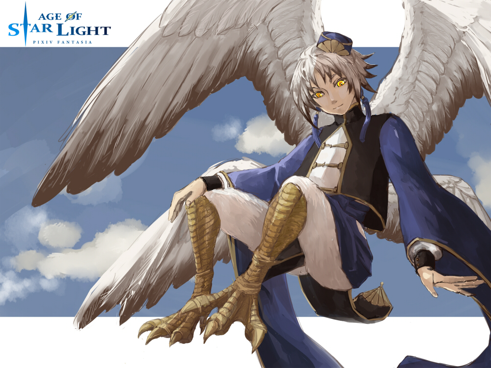 1boy, blue_headwear, c_miyama, clouds, copyright_name, feathered_wings, full_body, harpy_boy, konjiki_(pixiv_fantasia_age_of_starlight), long_sleeves, looking_at_viewer, male_focus, monster_boy, pixiv_fantasia, pixiv_fantasia_age_of_starlight, solo, talons, tassel, white_hair, wide_sleeves, wings, yellow_eyes
