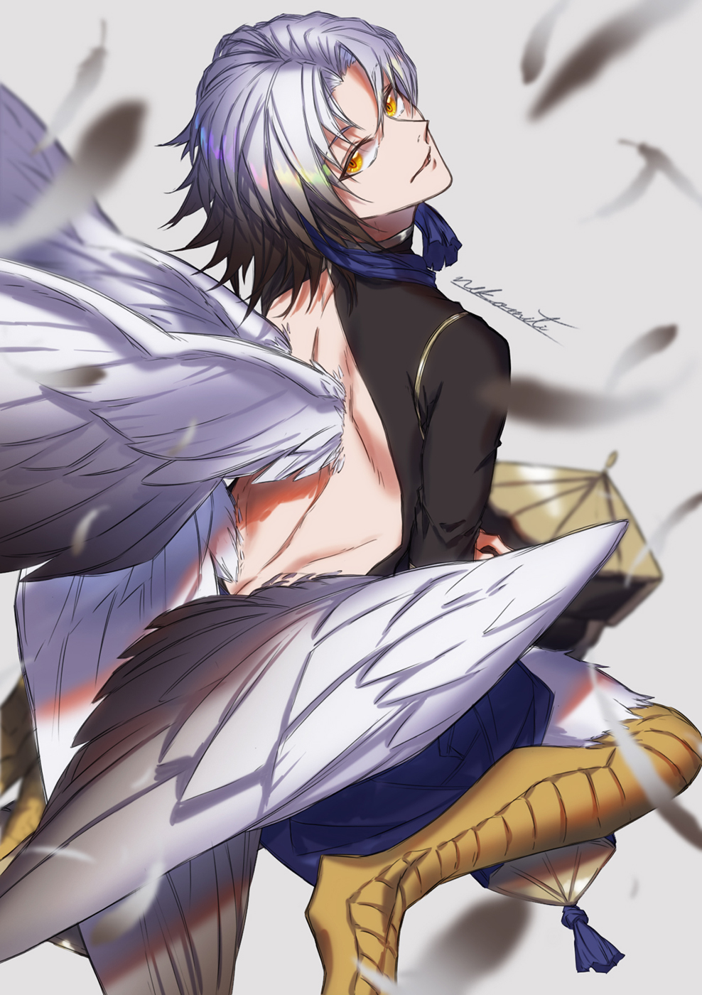 1boy, artist_name, backless_outfit, feathered_wings, feathers, harpy_boy, highres, konjiki_(pixiv_fantasia_age_of_starlight)