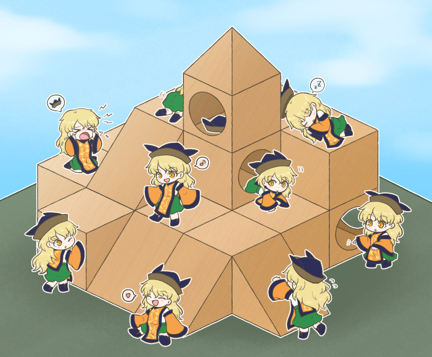blonde_hair, boots, chibi, constellation_print, crawling, crying, green_skirt, happy