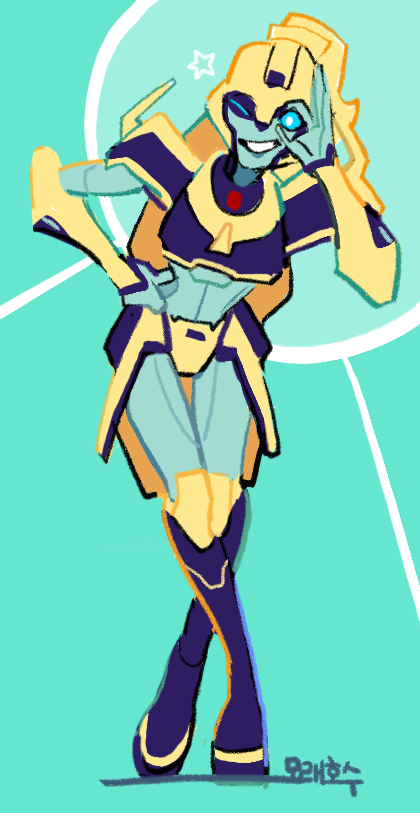 1girl, alien, black_footwear, blue_eyes, boots, elita_one, hand_on_hip, mecha, one_eye_closed, panties, robot, sandlake, solo, transformers, transformers_animated, underwear, yellow_panties