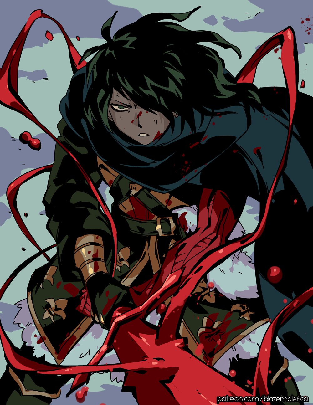 1boy, artist_name, black_gloves, black_hair, blazemalefica, blood, blood_on_clothes, blood_on_face