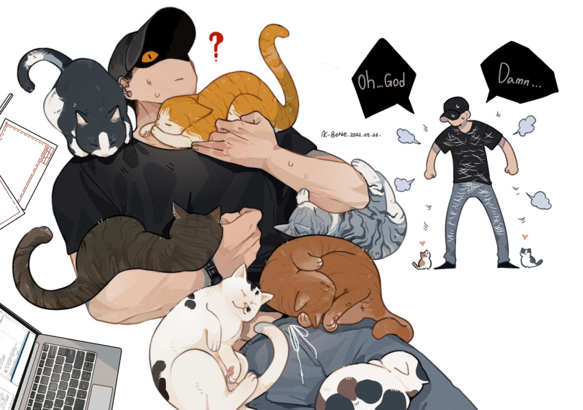 1boy, 2022, ?, animal, animal_on_chest, animal_on_leg, baseball_cap, black_headwear, black_shirt, cat, computer, dated, english_text, eyes_in_shadow, feet_out_of_frame, full_body, fume, grey_pants, hat, highres, holding, holding_animal, k-bone, laptop, looking_up, lying, male_focus, multiple_views, on_back, original, pants, shirt, short_sleeves, slit_pupils, speech_bubble, standing, sweatdrop, sweatpants, too_many, too_many_cats, white_background, yellow_eyes
