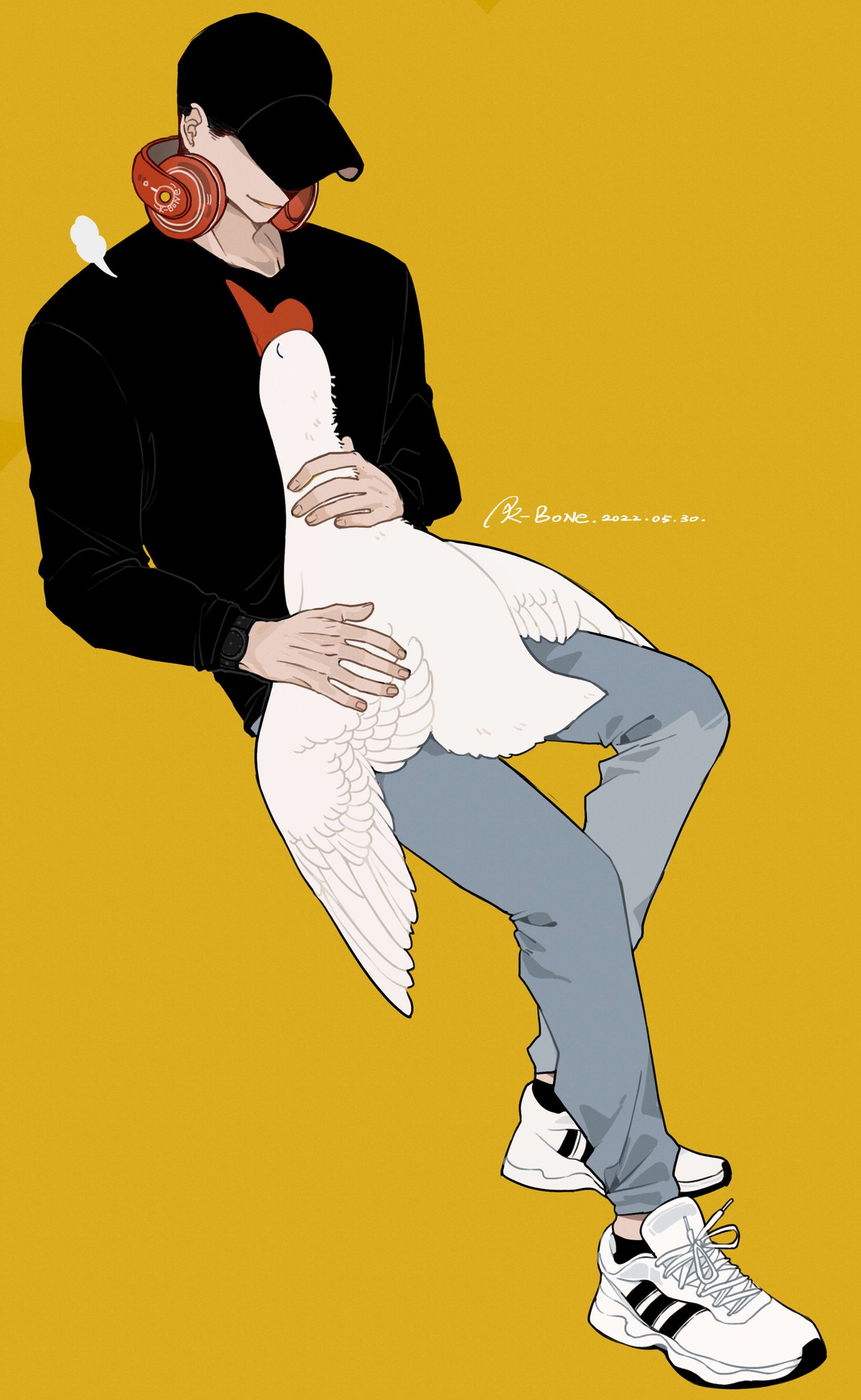 1boy, =3, animal, animal_on_lap, baseball_cap, bird, black_hair, black_headwear