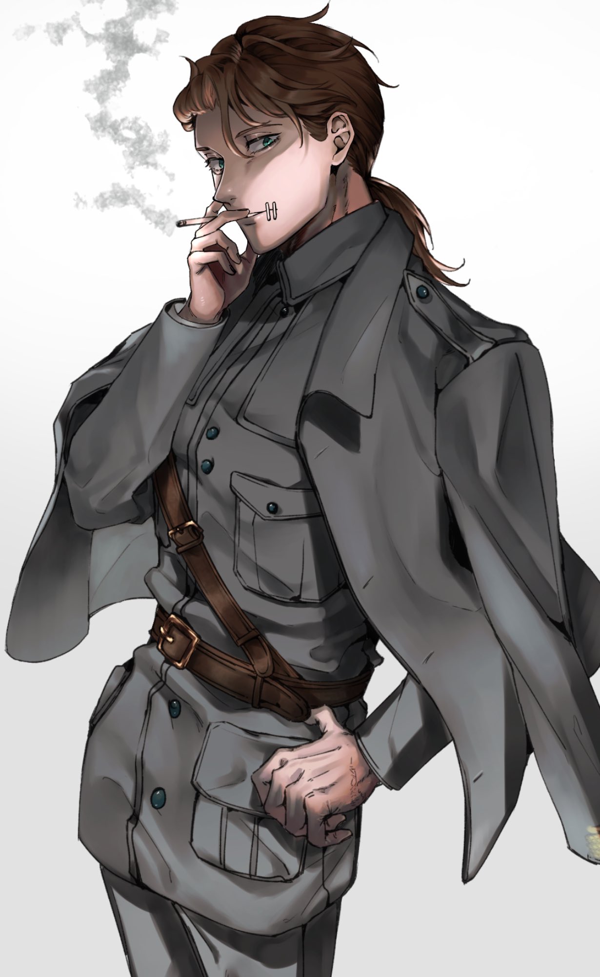 0niku_mimizuku, 1boy, belt, brown_belt, brown_hair, cigarette, collared_jacket, cowboy_shot, curtained_hair, green_eyes, grey_jacket, grey_pants, hand_on_hip, highres, holding, holding_cigarette, identity_v, jacket, jacket_on_shoulders, looking_at_viewer, low_ponytail, male_focus, military, military_uniform, naib_subedar, naib_subedar_(colonel_dax), official_alternate_costume, pants, parted_lips, sam_browne_belt, scar_on_hand, shaded_face, sideways_glance, simple_background, smoke, smoking, solo, stitched_mouth, stitches, symbol-only_commentary, uniform, white_background