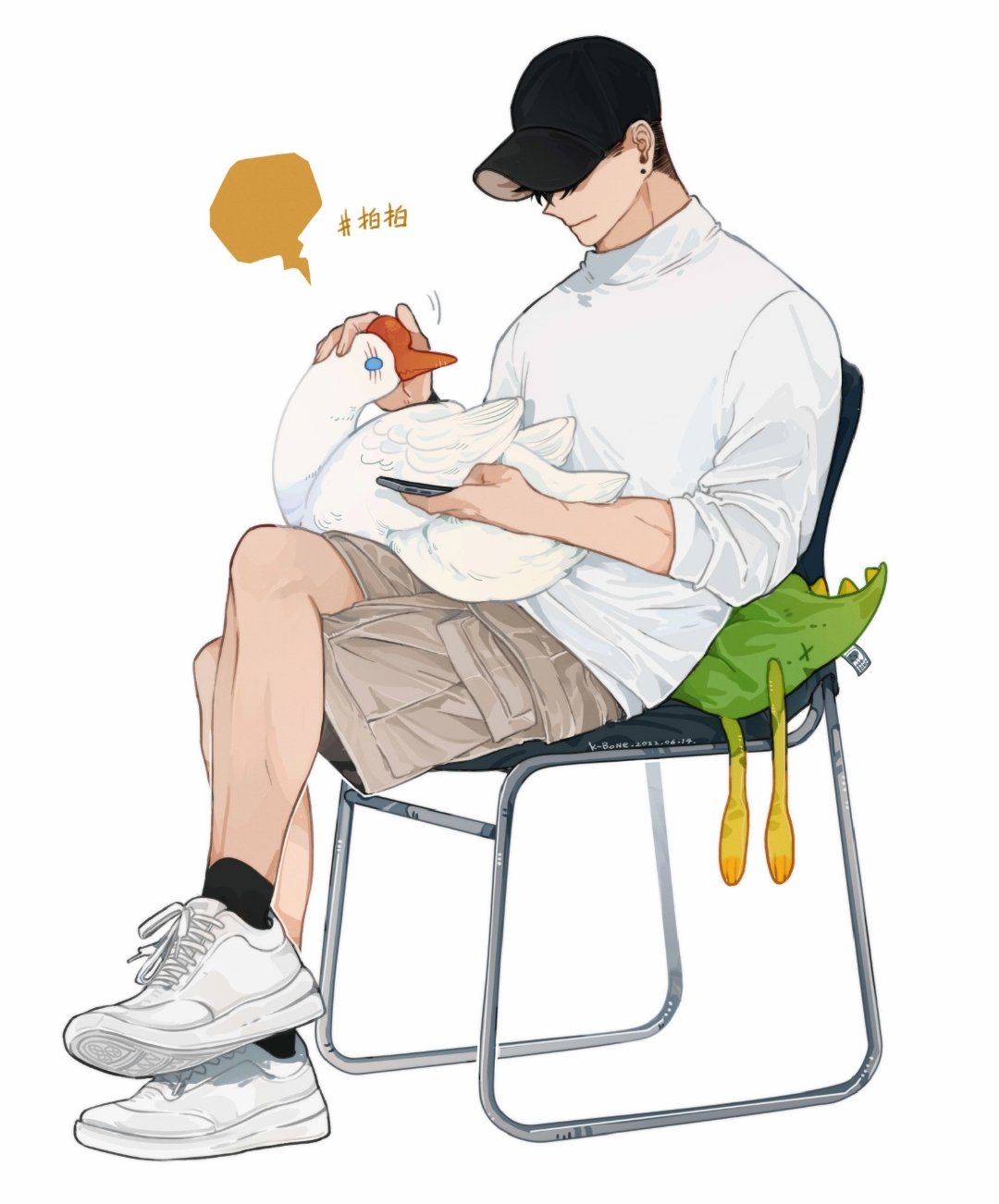 1boy, 2022, animal, animal_on_lap, baseball_cap, bird, black_hair, black_headwear