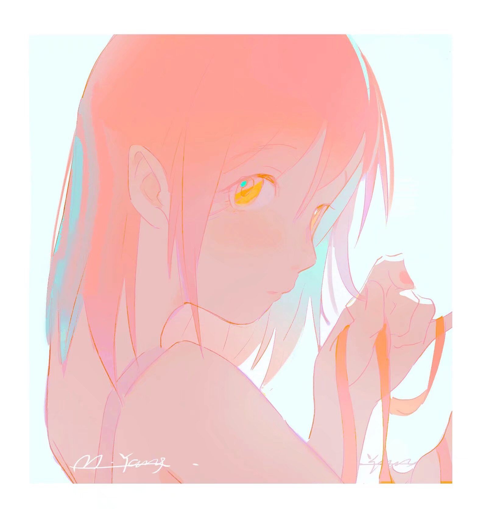 1girl, bangs, bare_shoulders, blush, border, from_side, hair_down, hands_up