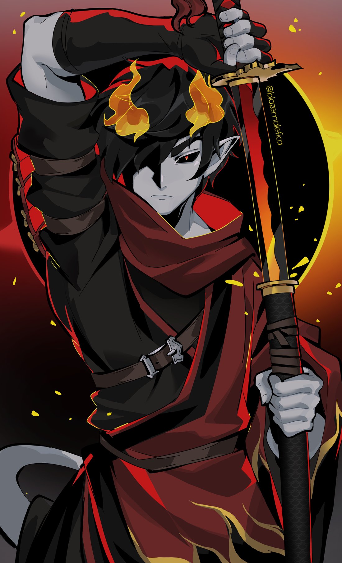 1boy, arm_up, armor, backlighting, black_gloves, black_hair, black_sclera, blazemalefica