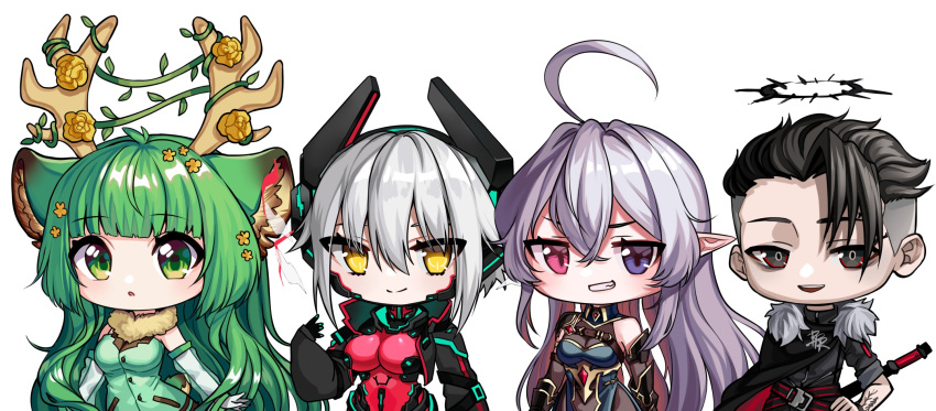 1boy, 3girls, ahoge, animal_ears, antlers, armor, bangs, black_hair