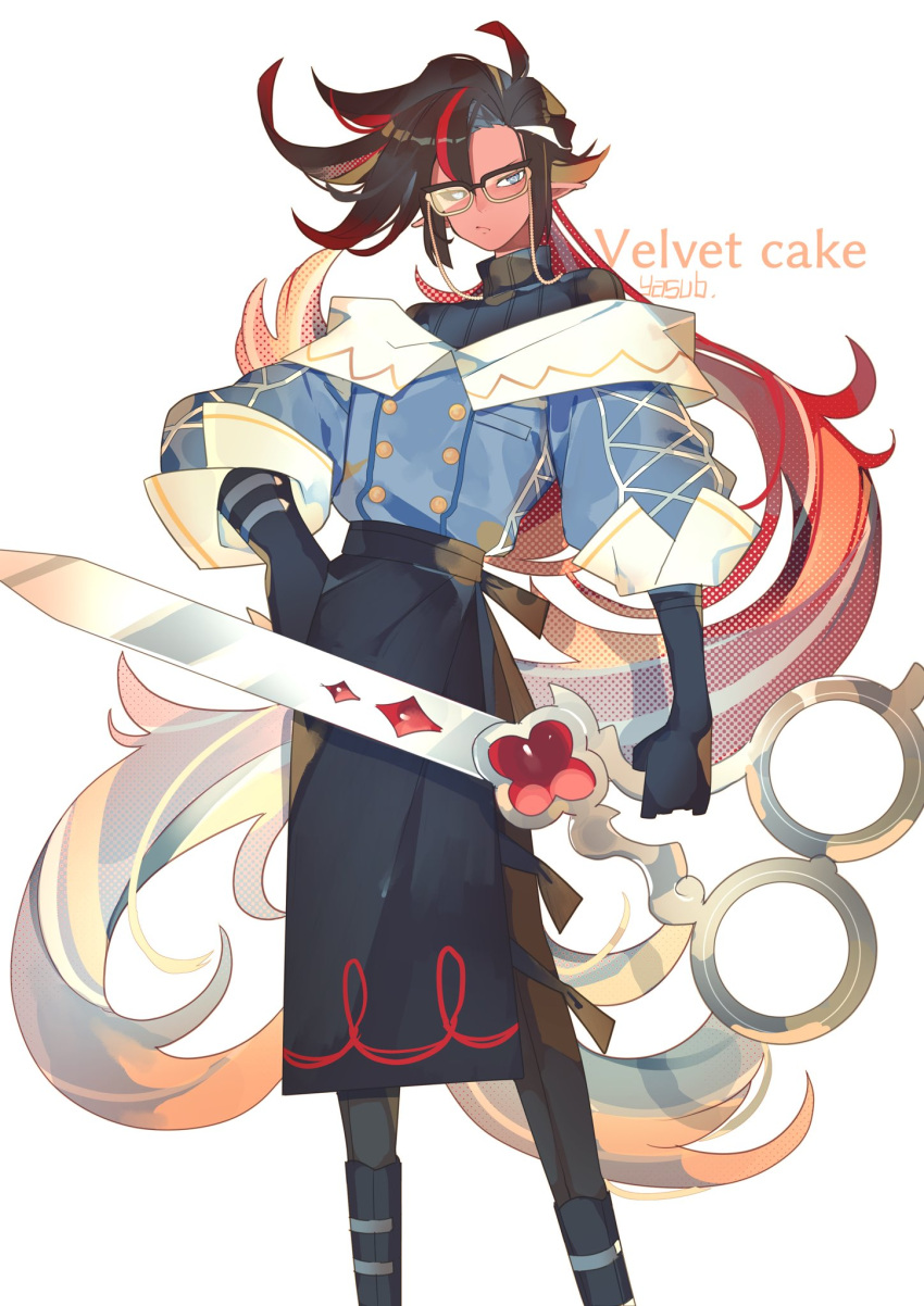 1boy, :/, apron, artist_name, bespectacled, black_apron, black_footwear, black_gloves, black_pants, black_sclera, black_sweater, blue_eyes, blue_shirt, brown_hair, buttons, character_name, colored_sclera, colored_skin, cookie_run, cowlick, curtained_hair, double-breasted, eyewear_strap, fashion, feet_out_of_frame, glasses, gloves, hair_between_eyes, hand_on_hip, highres, holding, holding_scissors, humanization, long_hair, looking_at_viewer, male_focus, mismatched_sclera, multicolored_hair, off-shoulder_shirt, off_shoulder, official_alternate_costume, oversized_object, pants, pointy_ears, puffy_sleeves, red_skin, red_velvet_cookie, redhead, scissors, shirt, simple_background, solo, streaked_hair, sweater, turtleneck, turtleneck_sweater, waist_apron, white_background, white_hair, yasubaru