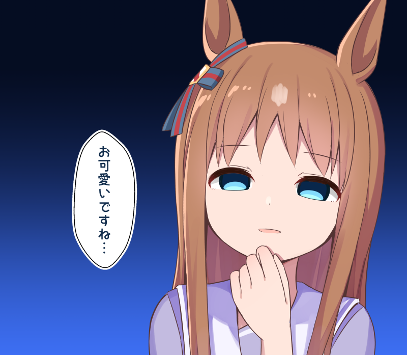1girl, animal_ears, blue_eyes, brown_hair, commentary, empty_eyes, grass_wonder_(umamusume), horse_ears