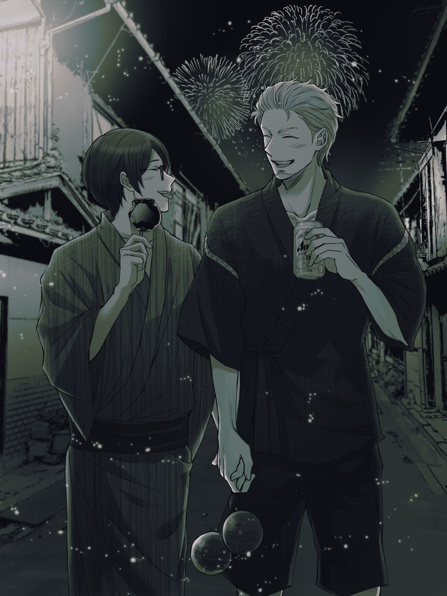 2boys, aerial_fireworks, beard, beer_can, black_hair, building, can, candy_apple, closed_eyes, facial_hair, facing_another, festival, fireworks, food, glasses, holding_hands, japanese_clothes, kazuki_sara, kimono, male_focus, monochrome, multiple_boys, outdoors, ryman's_club, short_hair, standing, tachibana_azuma, tonozaki_shiryuu, water_yoyo