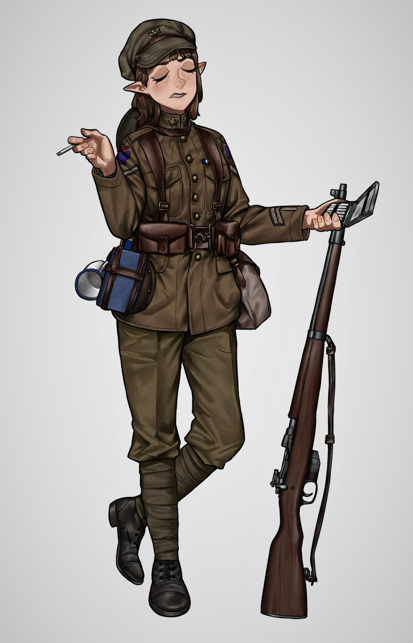 1girl, absurdres, brown_hair, canada, canadian_army, cigarette, cigarette_case, commission