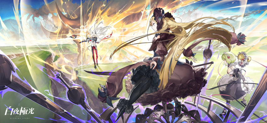 1boy, 2girls, alchemy_stars, apron, battle, black_dress, black_footwear, black_legwear