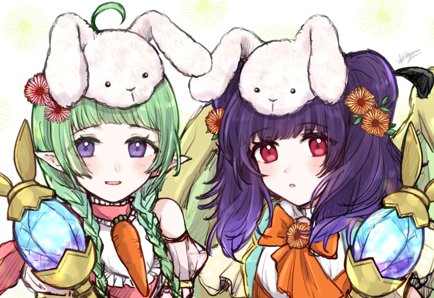 2girls, ahoge, animal_ears, bangs, blunt_bangs, braid, dragon_wings, fake_animal_ears